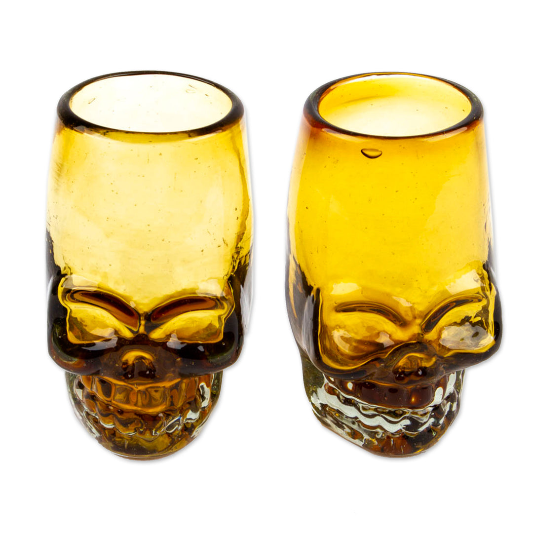 Pair of Handblown Recycled Glass Brown Skull Tequila Glasses - Amber Mexican Skull