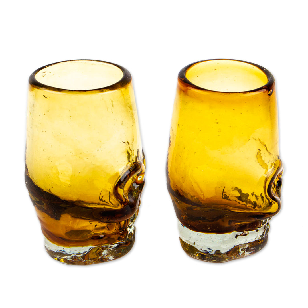 Pair of Handblown Recycled Glass Brown Skull Tequila Glasses - Amber Mexican Skull