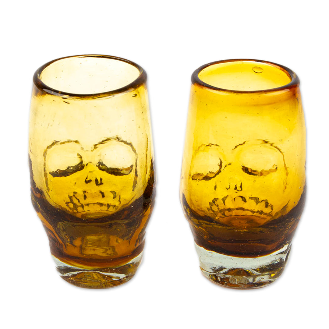Pair of Handblown Recycled Glass Brown Skull Tequila Glasses - Amber Mexican Skull