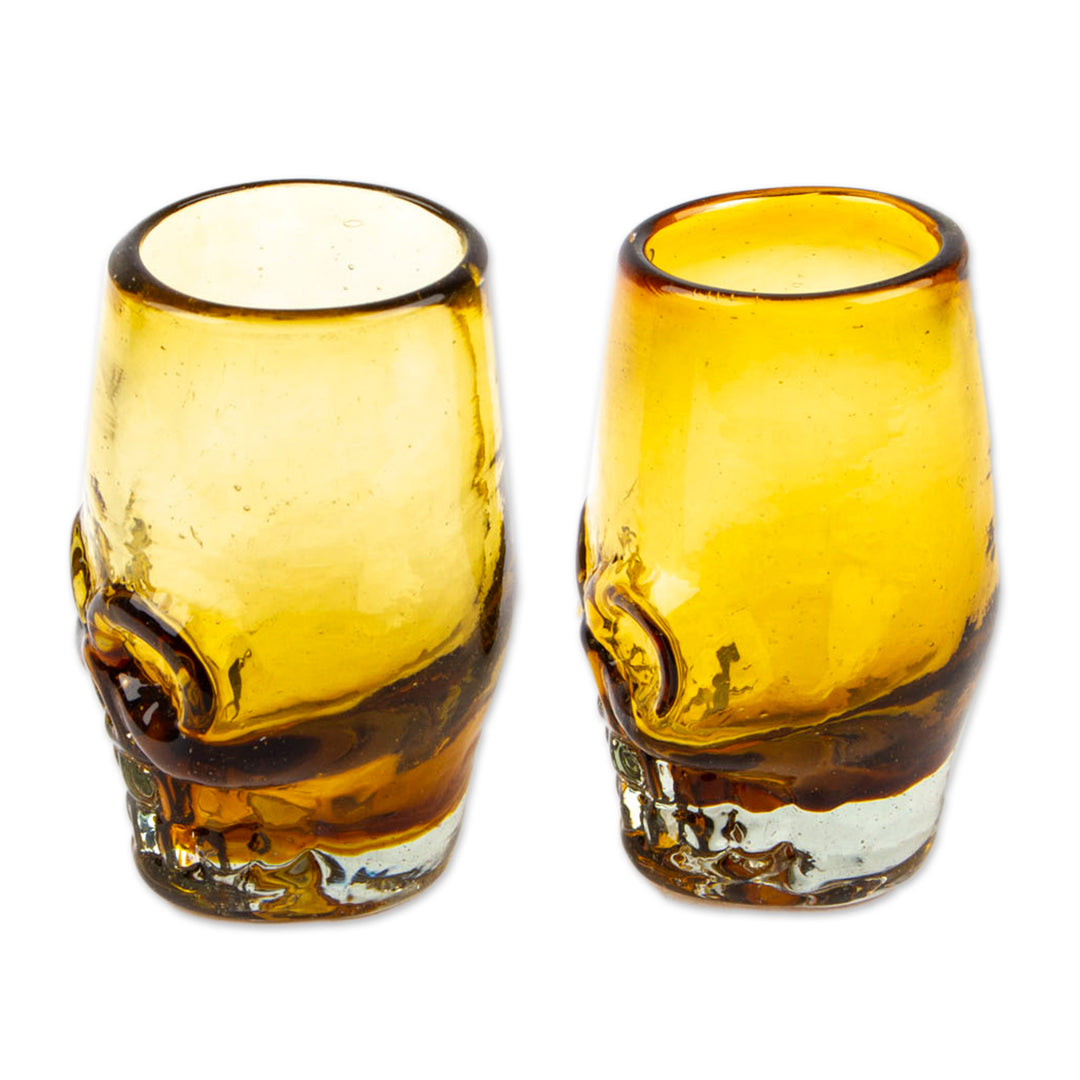Pair of Handblown Recycled Glass Brown Skull Tequila Glasses - Amber Mexican Skull
