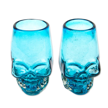 2 Aqua-Hued Handblown Recycled Glass Skull Tequila Glasses - Aqua Mexican Skull