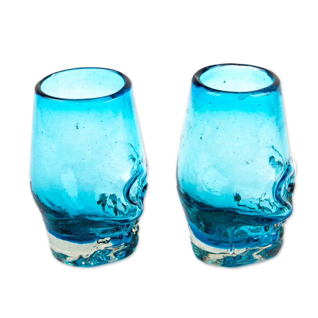 2 Aqua-Hued Handblown Recycled Glass Skull Tequila Glasses - Aqua Mexican Skull