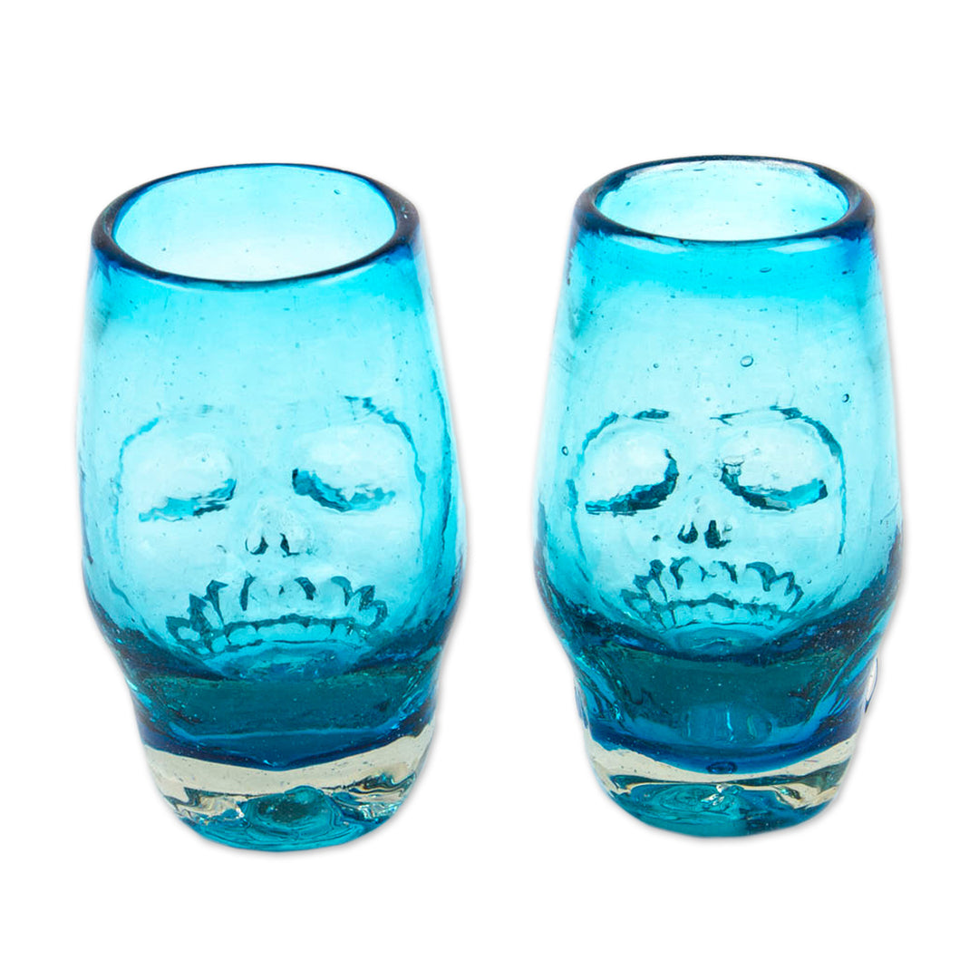 2 Aqua-Hued Handblown Recycled Glass Skull Tequila Glasses - Aqua Mexican Skull