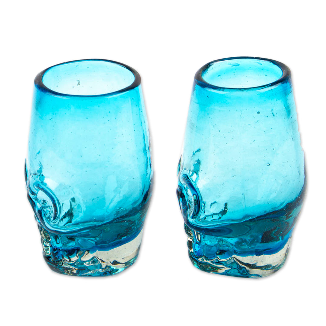 2 Aqua-Hued Handblown Recycled Glass Skull Tequila Glasses - Aqua Mexican Skull