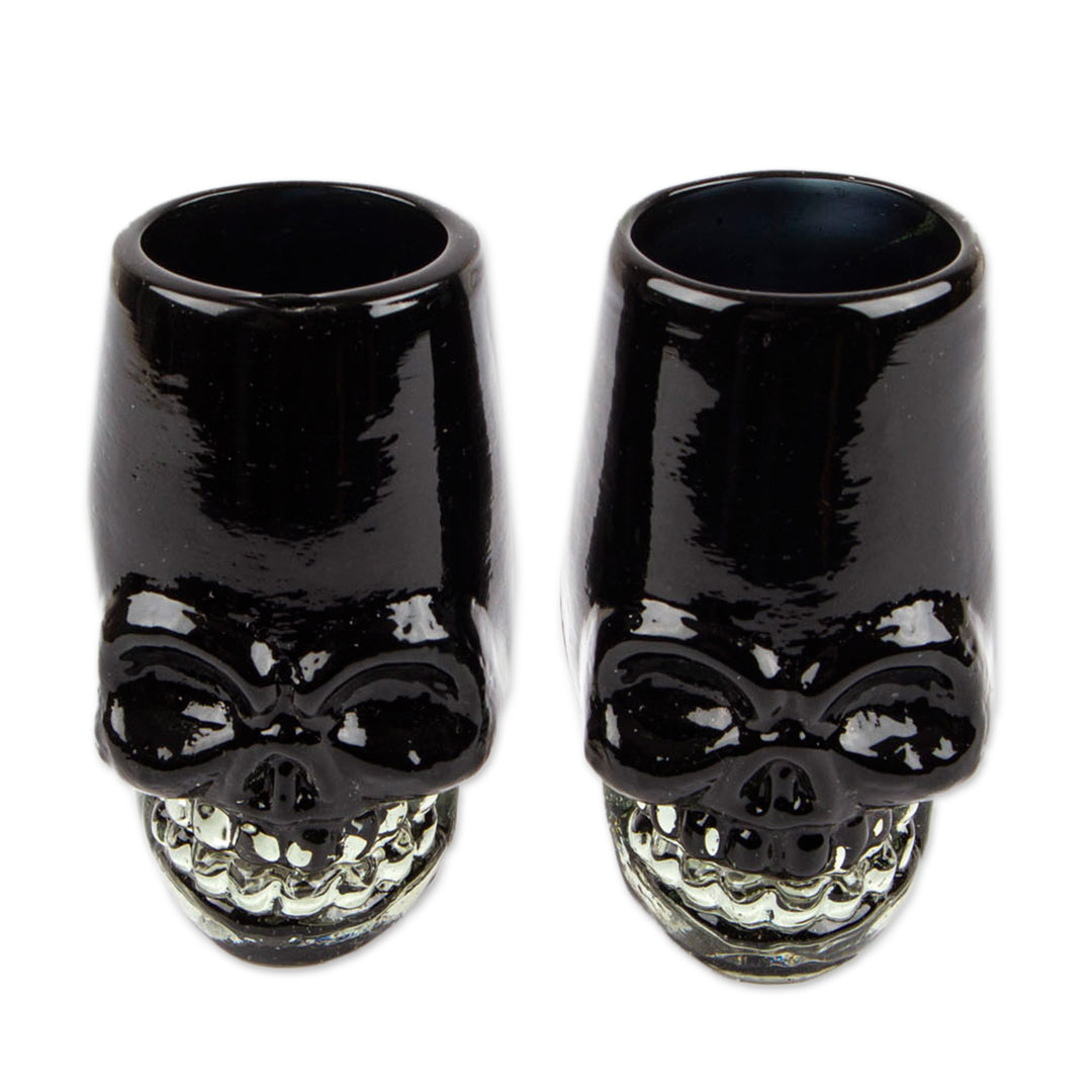 2 Handblown Recycled Glass Black Skull Tequila Glasses - Black Mexican Skull