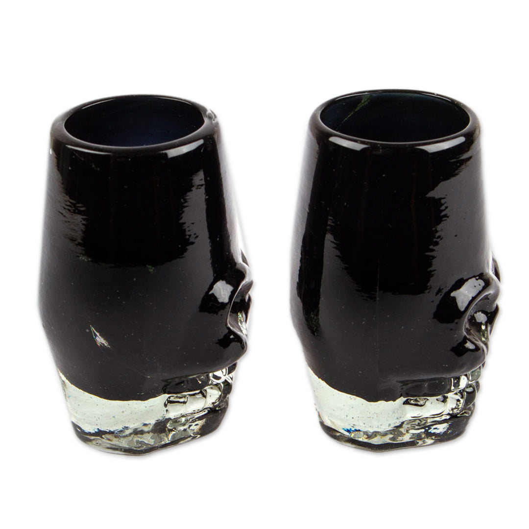 2 Handblown Recycled Glass Black Skull Tequila Glasses - Black Mexican Skull