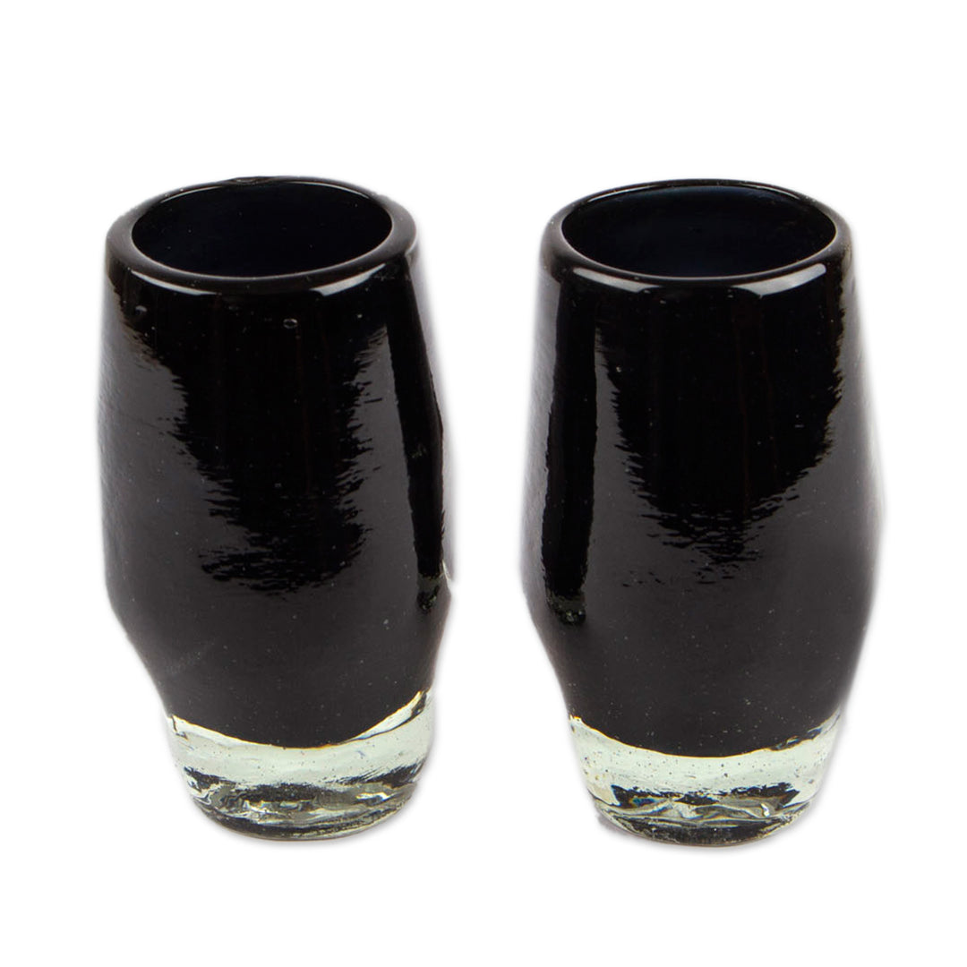 2 Handblown Recycled Glass Black Skull Tequila Glasses - Black Mexican Skull
