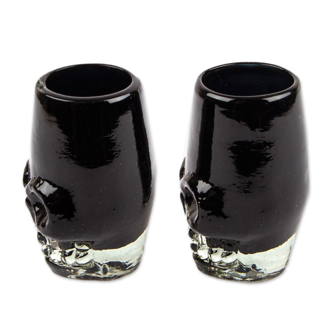 2 Handblown Recycled Glass Black Skull Tequila Glasses - Black Mexican Skull
