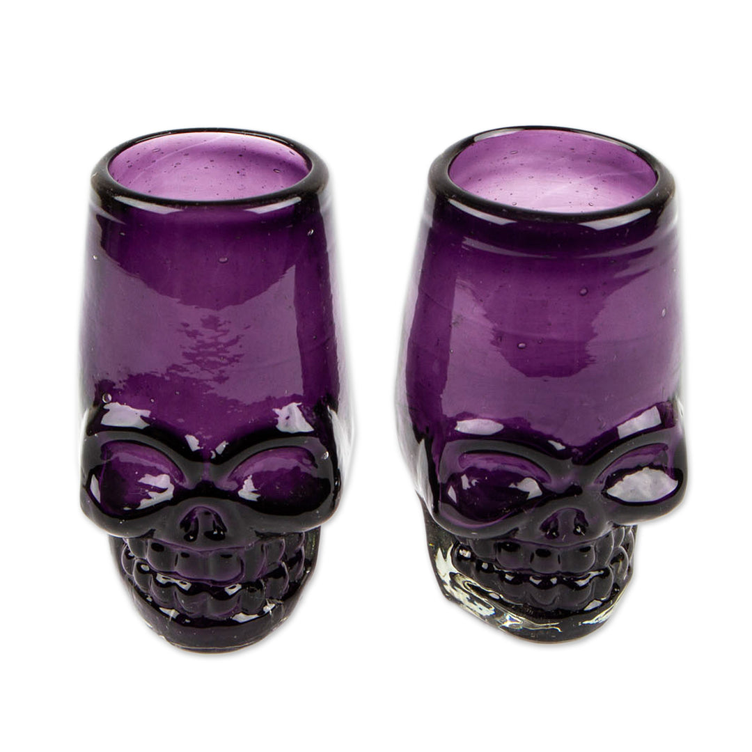2 Handblown Recycled Glass Tequila Glasses with Skull Motif - Purple Mexican Skull