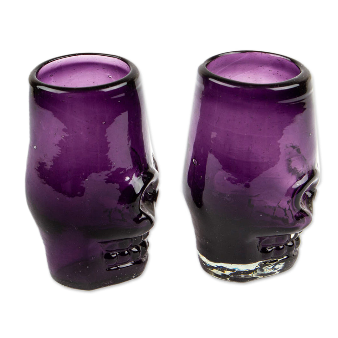 2 Handblown Recycled Glass Tequila Glasses with Skull Motif - Purple Mexican Skull