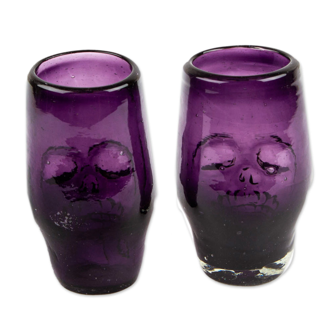 2 Handblown Recycled Glass Tequila Glasses with Skull Motif - Purple Mexican Skull