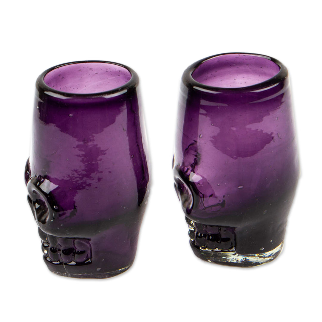 2 Handblown Recycled Glass Tequila Glasses with Skull Motif - Purple Mexican Skull