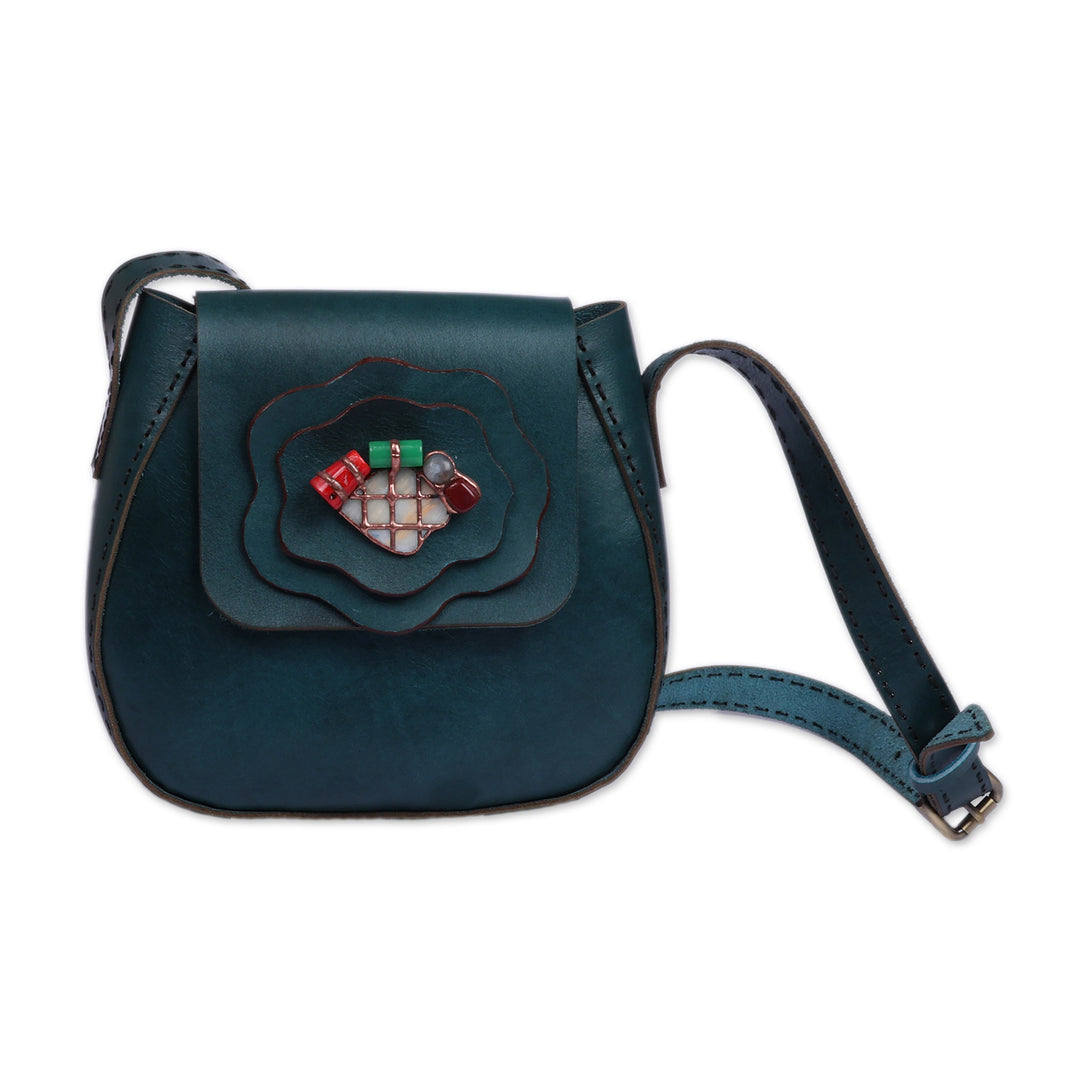 Artisan-Made 100% Leather and Agate Sling Bag in a Teal Hue - Teal Horizon