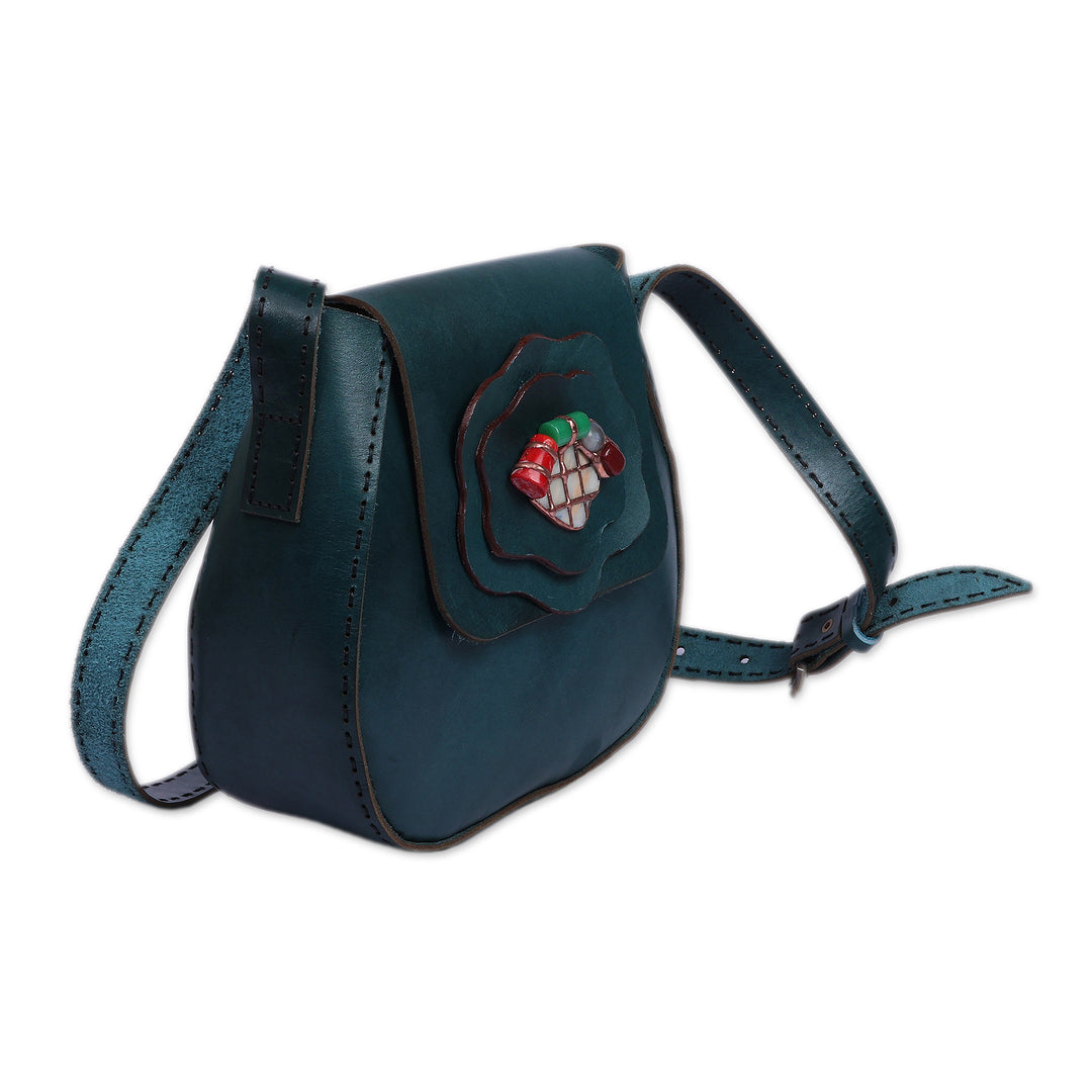 Artisan-Made 100% Leather and Agate Sling Bag in a Teal Hue - Teal Horizon