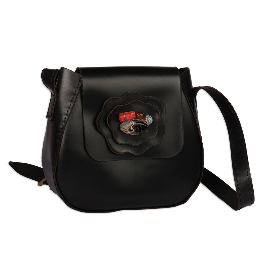 Adjustable 100% Leather and Agate Sling Bag in a Black Hue - Black Horizon