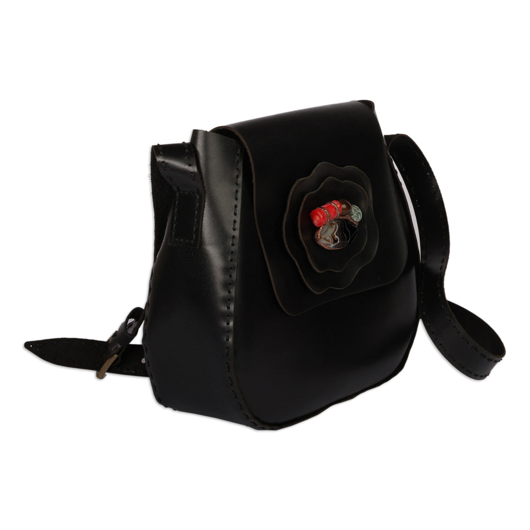 Adjustable 100% Leather and Agate Sling Bag in a Black Hue - Black Horizon