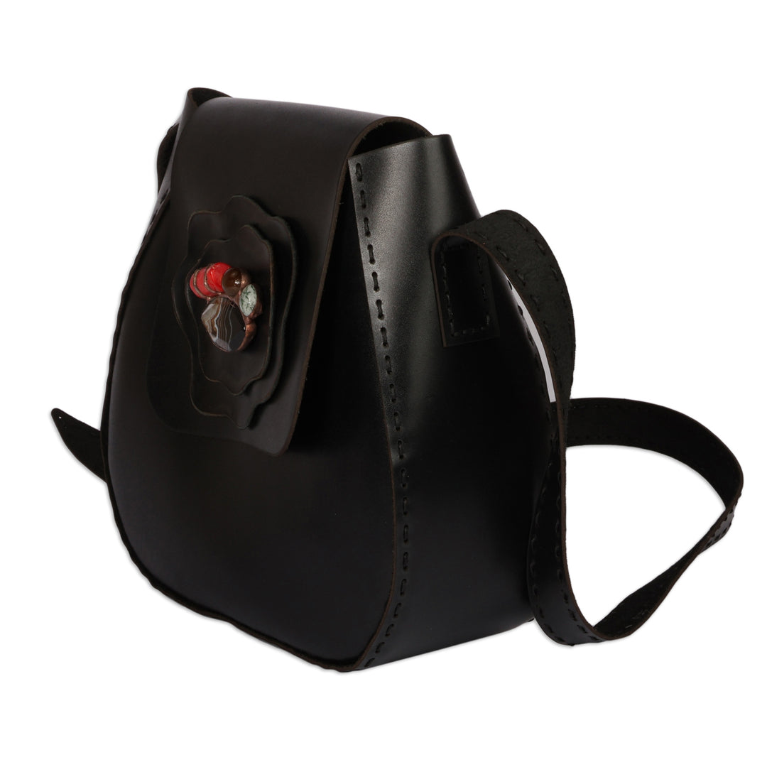 Adjustable 100% Leather and Agate Sling Bag in a Black Hue - Black Horizon