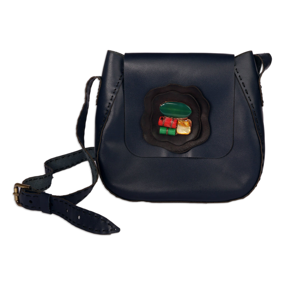 Handmade 100% Leather and Agate Sling Bag in a Navy Hue - Midnight Horizon