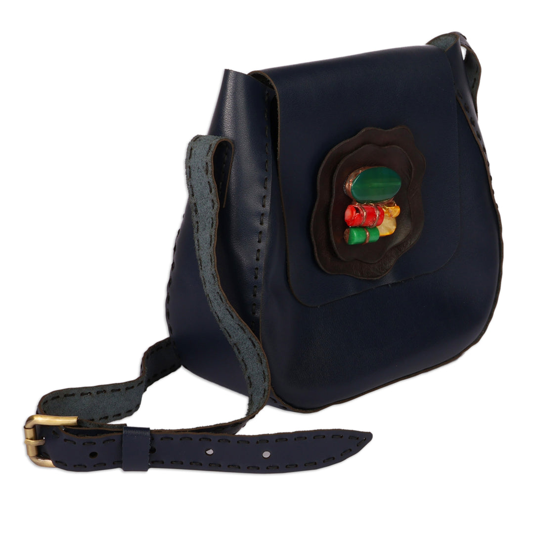 Handmade 100% Leather and Agate Sling Bag in a Navy Hue - Midnight Horizon