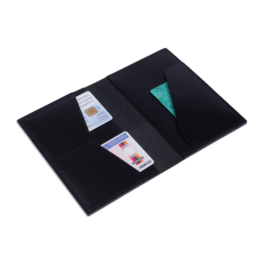 Handcrafted Black 100% Leather Passport Holder from Armenia - Voyages in Black