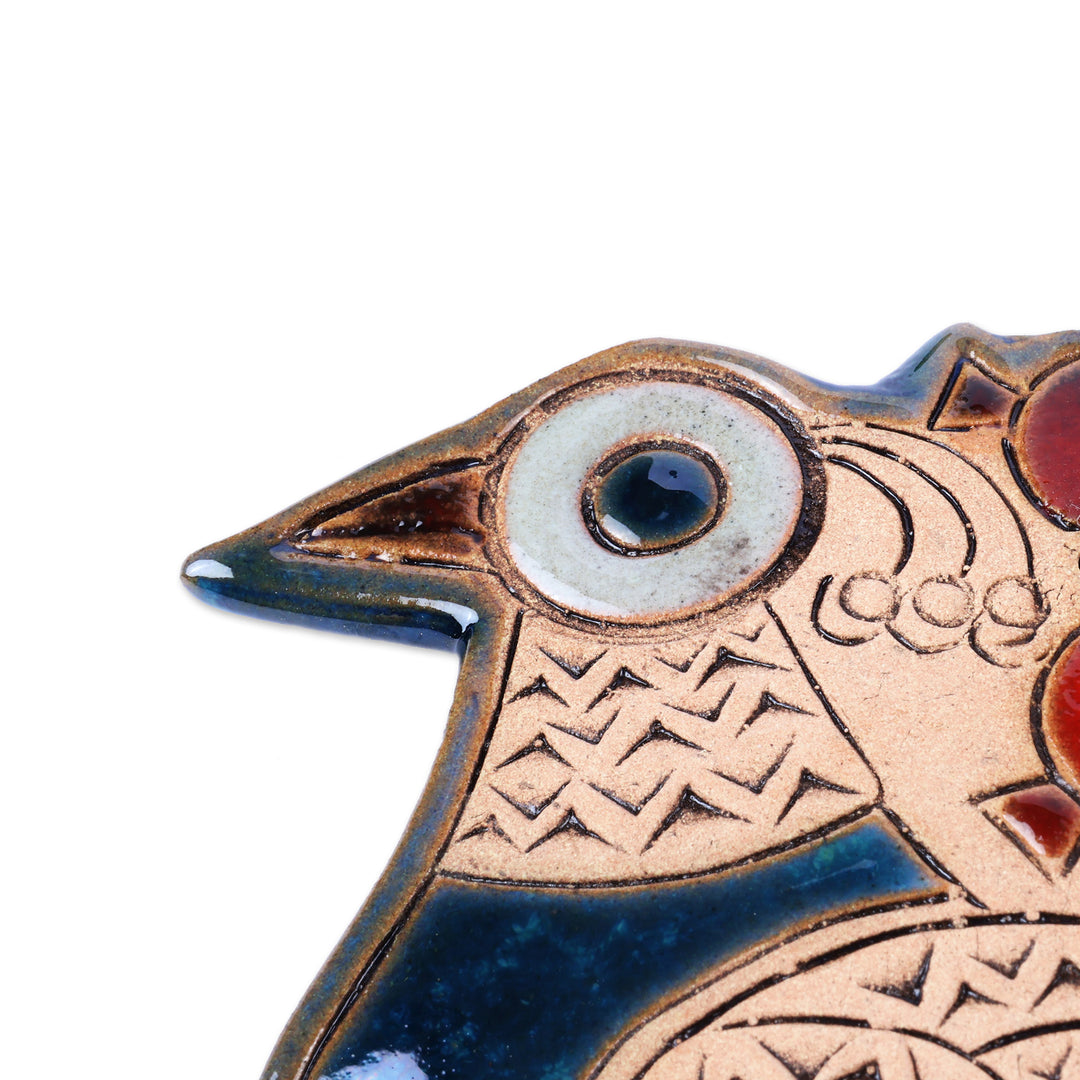 Peacock and Pomegranate-Themed Blue and Red Ceramic Ornament - Spiritual Messenger