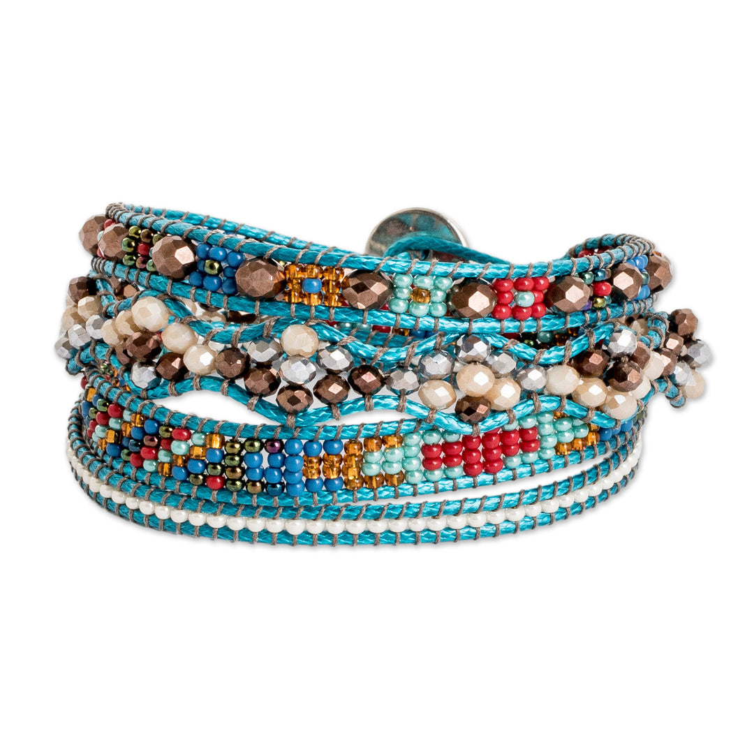 Handwoven Beaded Blue-Hued Wrap Bracelet with Pewter Button - Encircling Flair