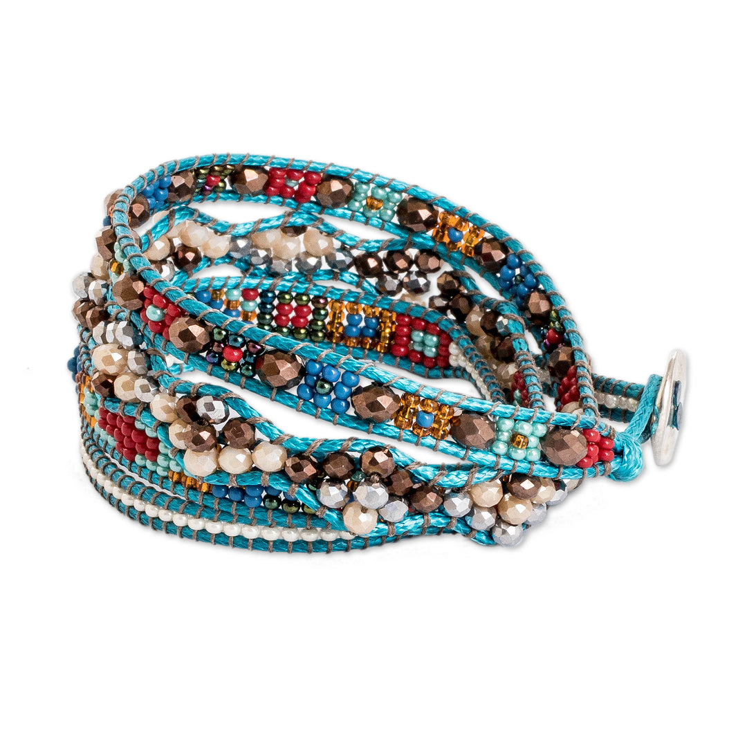 Handwoven Beaded Blue-Hued Wrap Bracelet with Pewter Button - Encircling Flair