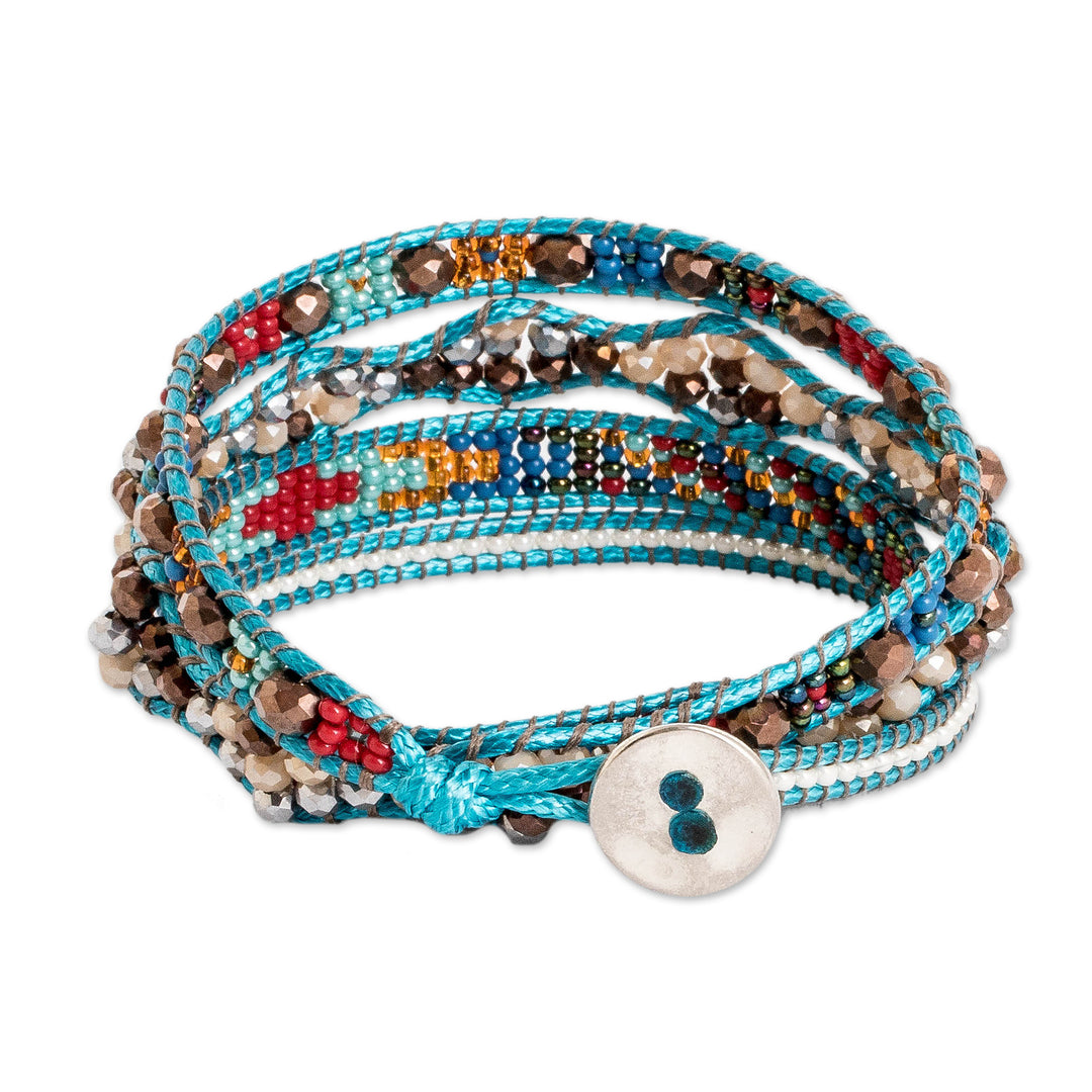 Handwoven Beaded Blue-Hued Wrap Bracelet with Pewter Button - Encircling Flair