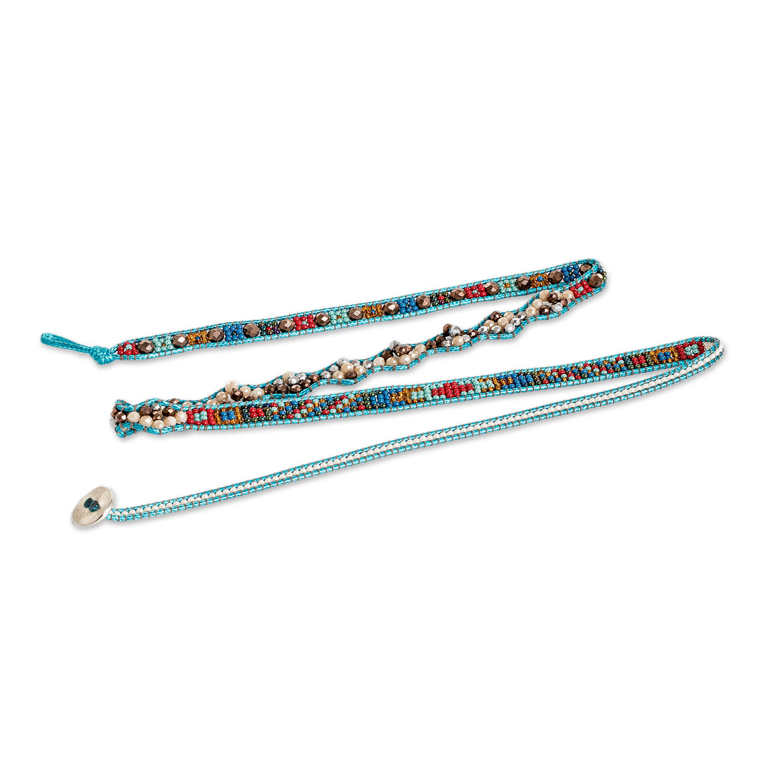 Handwoven Beaded Blue-Hued Wrap Bracelet with Pewter Button - Encircling Flair