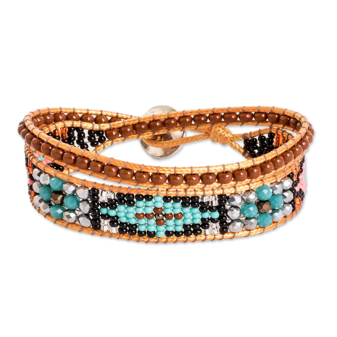 Handwoven Beaded Brown Wrap Bracelet with Geometric Motifs - Geometric Spark