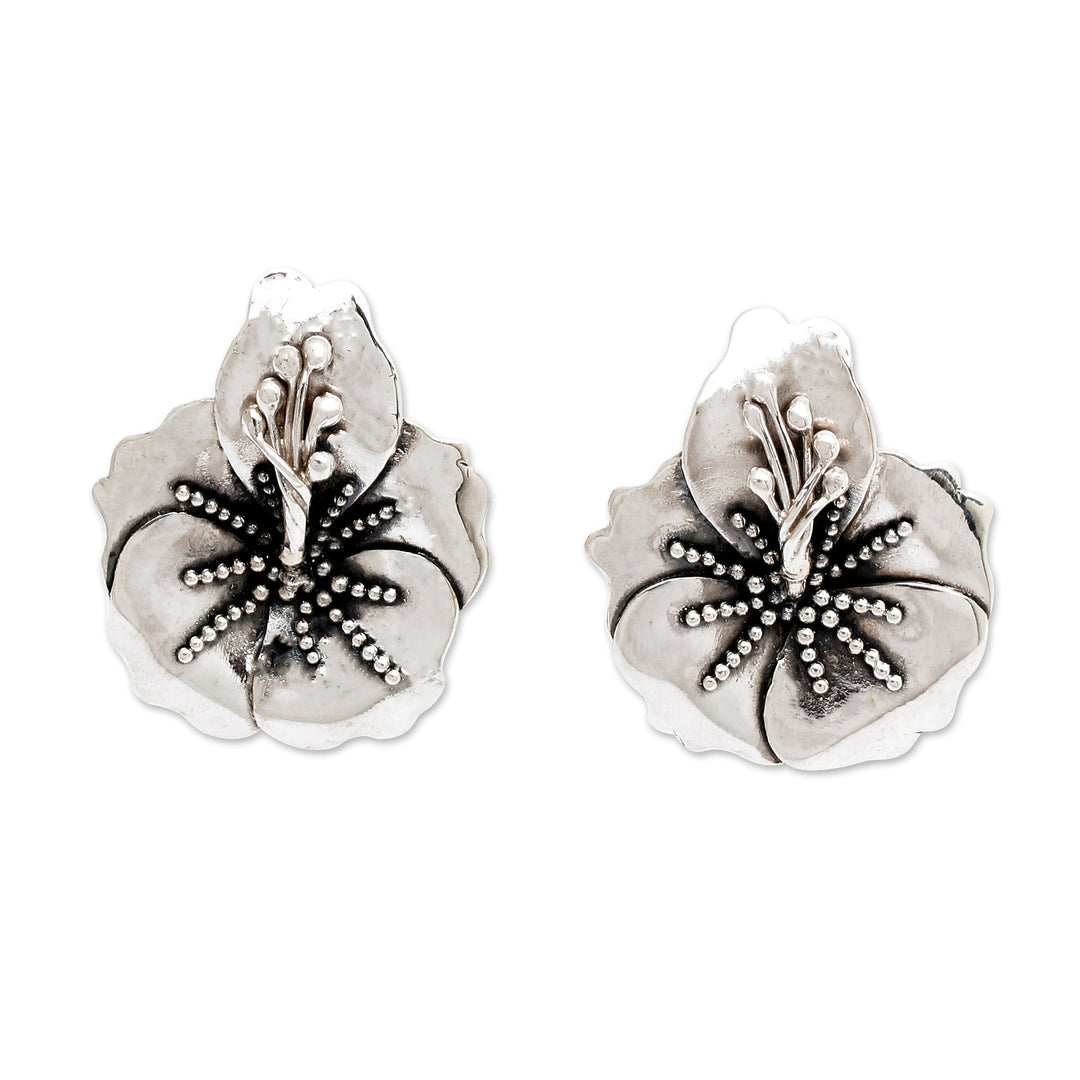 Nature-Themed Sterling Silver Hibiscus Bloom Button Earrings - Eternal Hibiscus