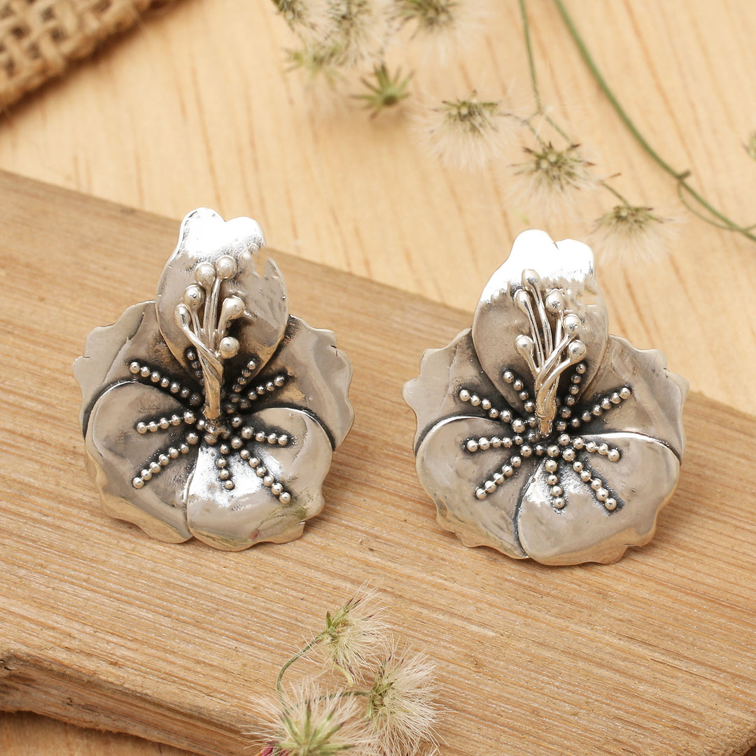 Nature-Themed Sterling Silver Hibiscus Bloom Button Earrings - Eternal Hibiscus