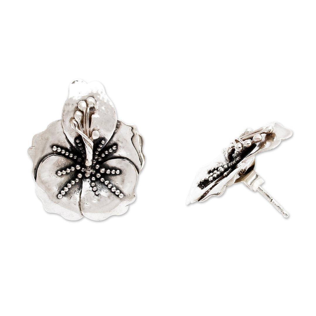 Nature-Themed Sterling Silver Hibiscus Bloom Button Earrings - Eternal Hibiscus