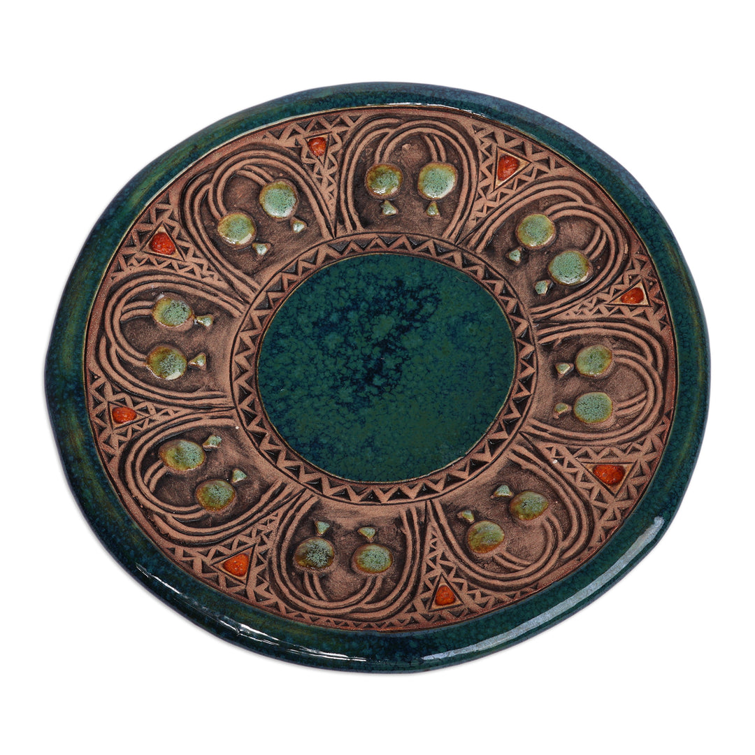 Spring-Themed Folk Art Glazed Teal Ceramic Decorative Plate - Blooming Teal