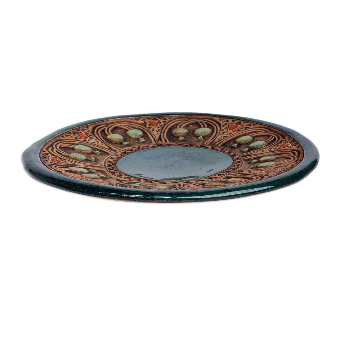 Spring-Themed Folk Art Glazed Teal Ceramic Decorative Plate - Blooming Teal