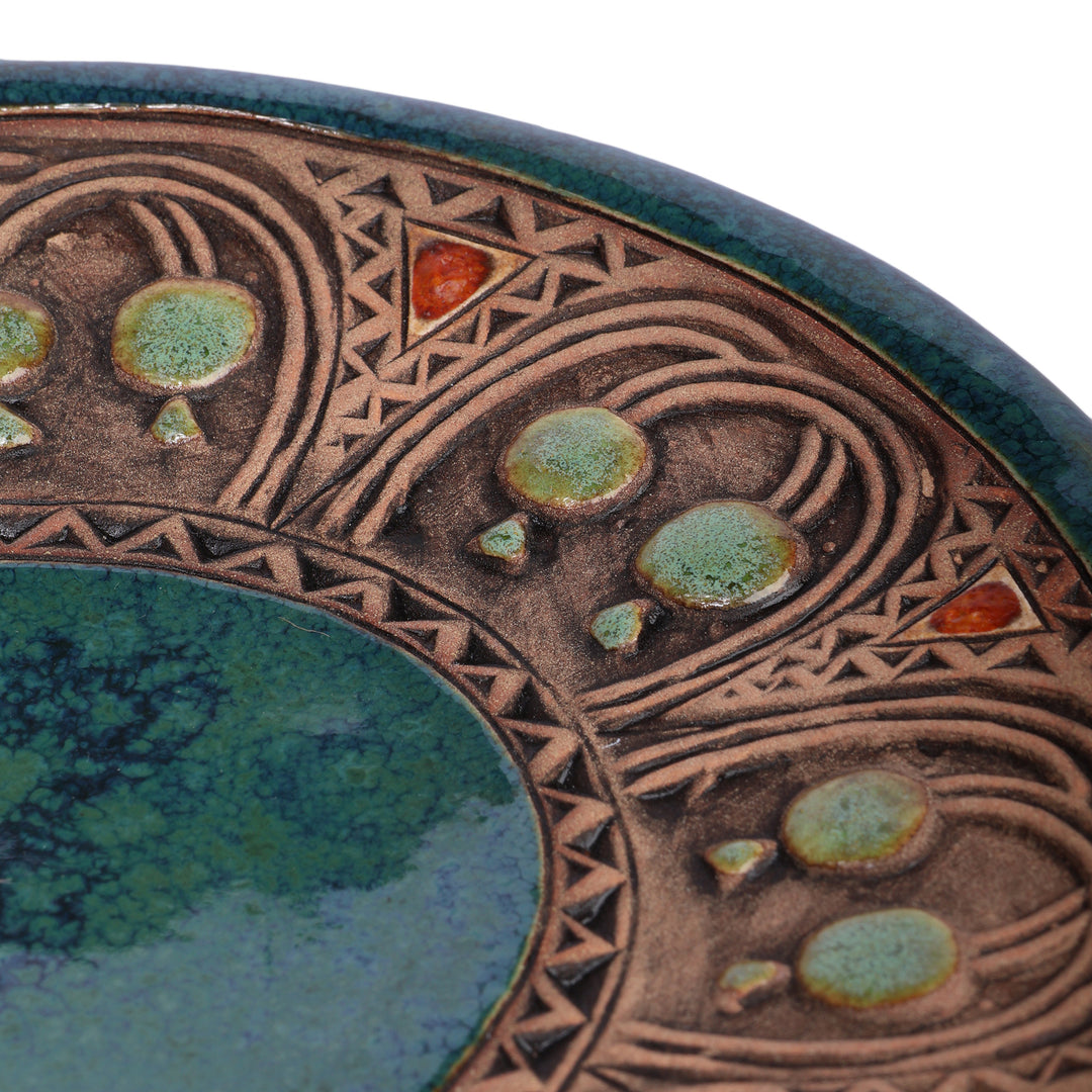Spring-Themed Folk Art Glazed Teal Ceramic Decorative Plate - Blooming Teal