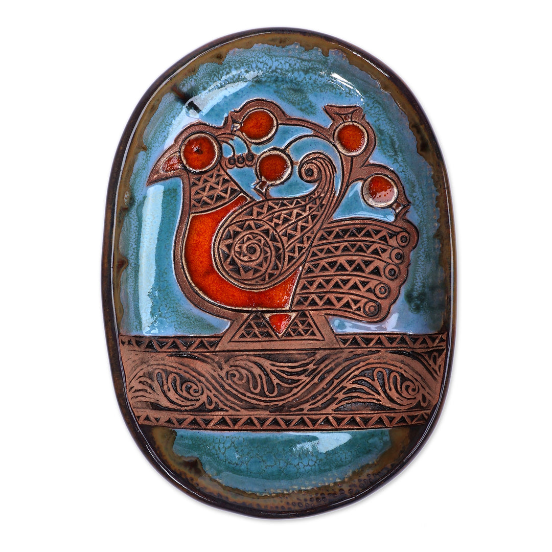 Blue and Red Bird-Themed Glazed Ceramic Decorative Platter - Bird Sonata