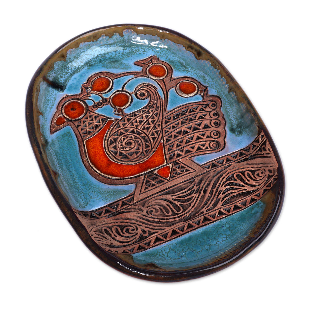 Blue and Red Bird-Themed Glazed Ceramic Decorative Platter - Bird Sonata