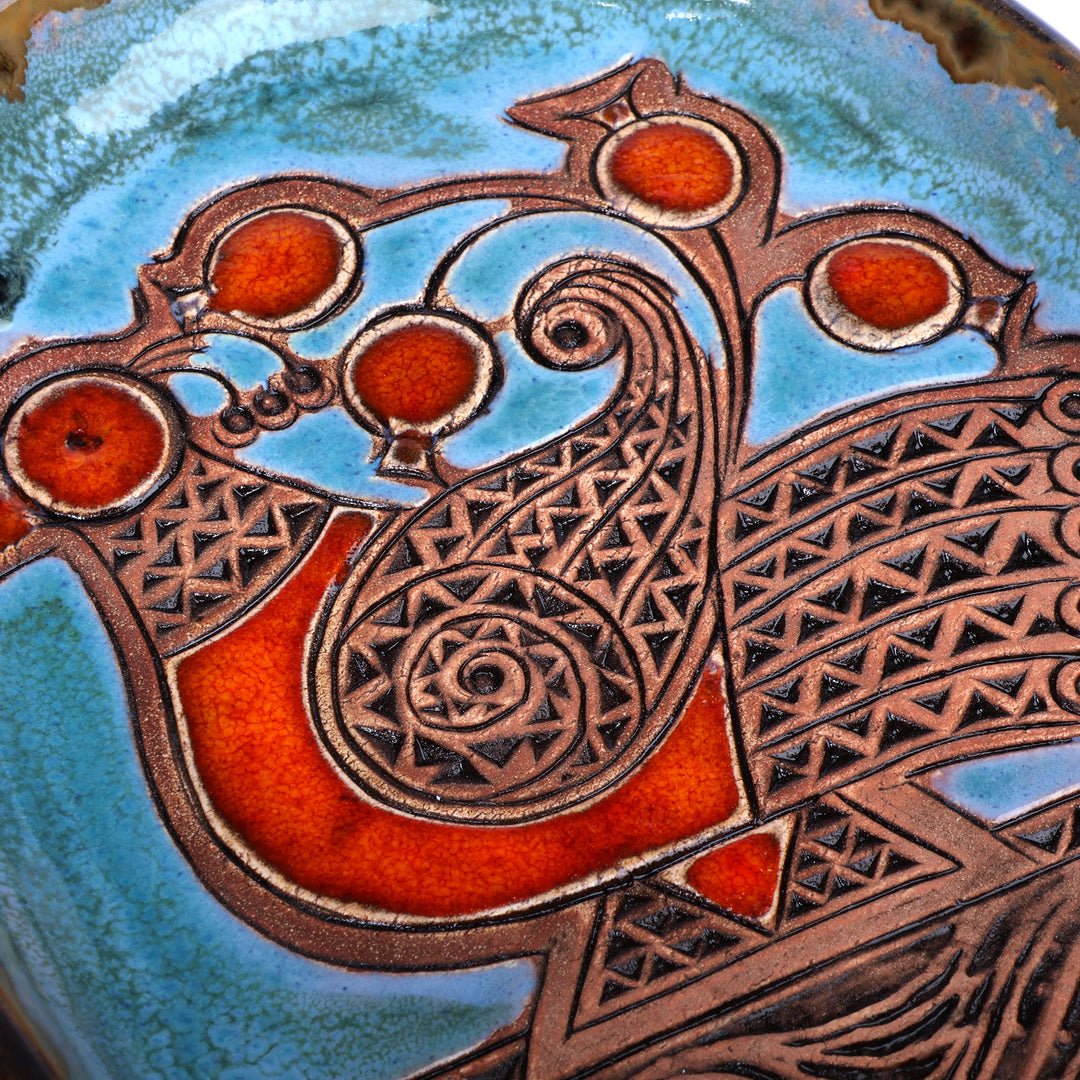 Blue and Red Bird-Themed Glazed Ceramic Decorative Platter - Bird Sonata