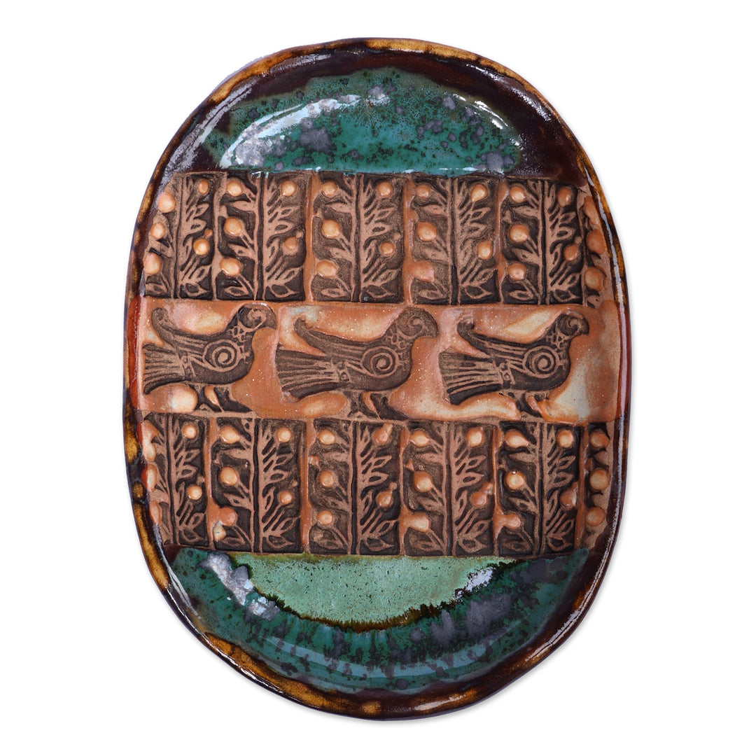 Classic Bird-Themed Green Glazed Ceramic Decorative Platter - Regal Feathers