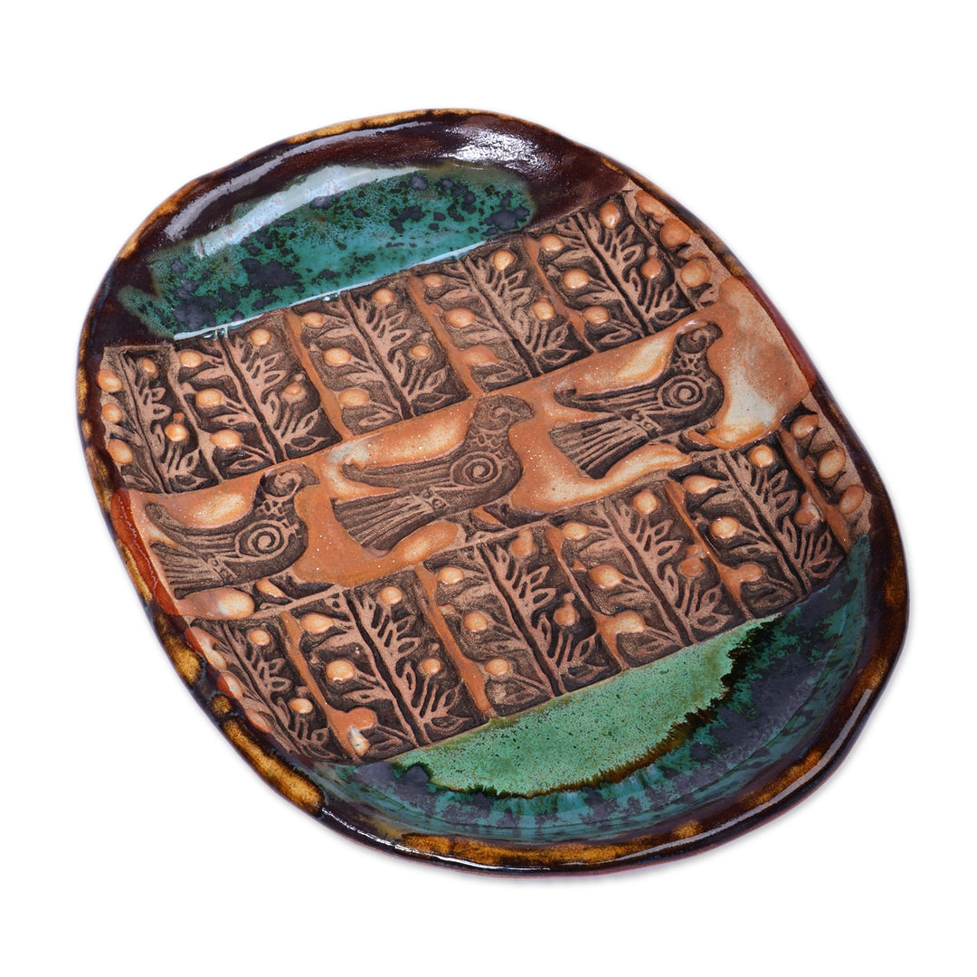 Classic Bird-Themed Green Glazed Ceramic Decorative Platter - Regal Feathers