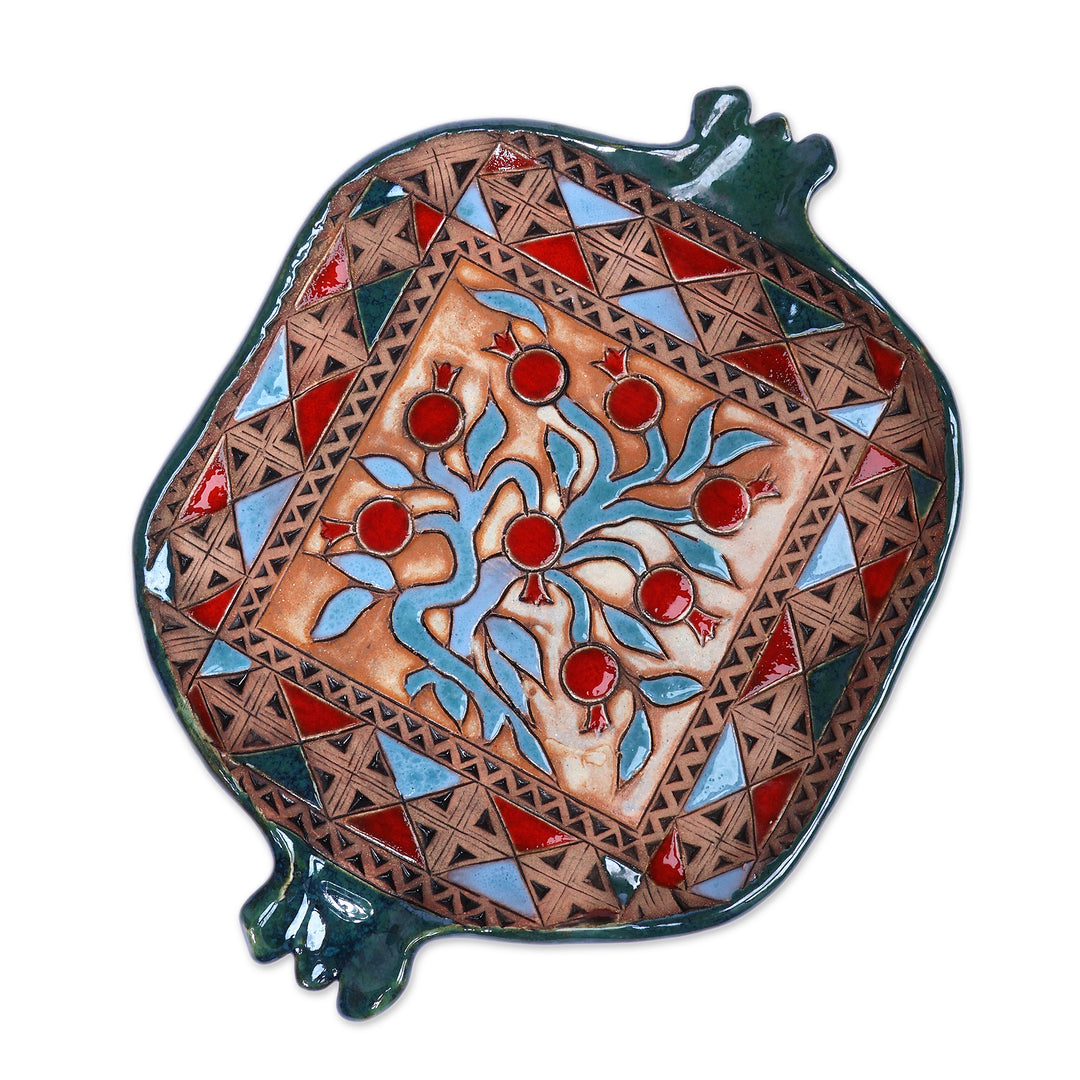 Fair Trade Green and Red Glazed Pomegranate Ceramic Tray - Pomegranate Fortune