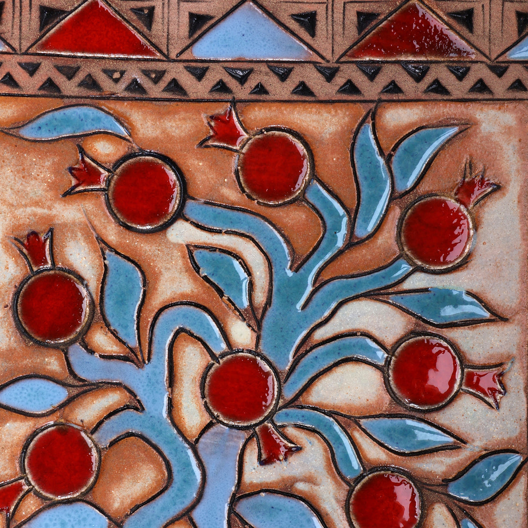 Fair Trade Green and Red Glazed Pomegranate Ceramic Tray - Pomegranate Fortune