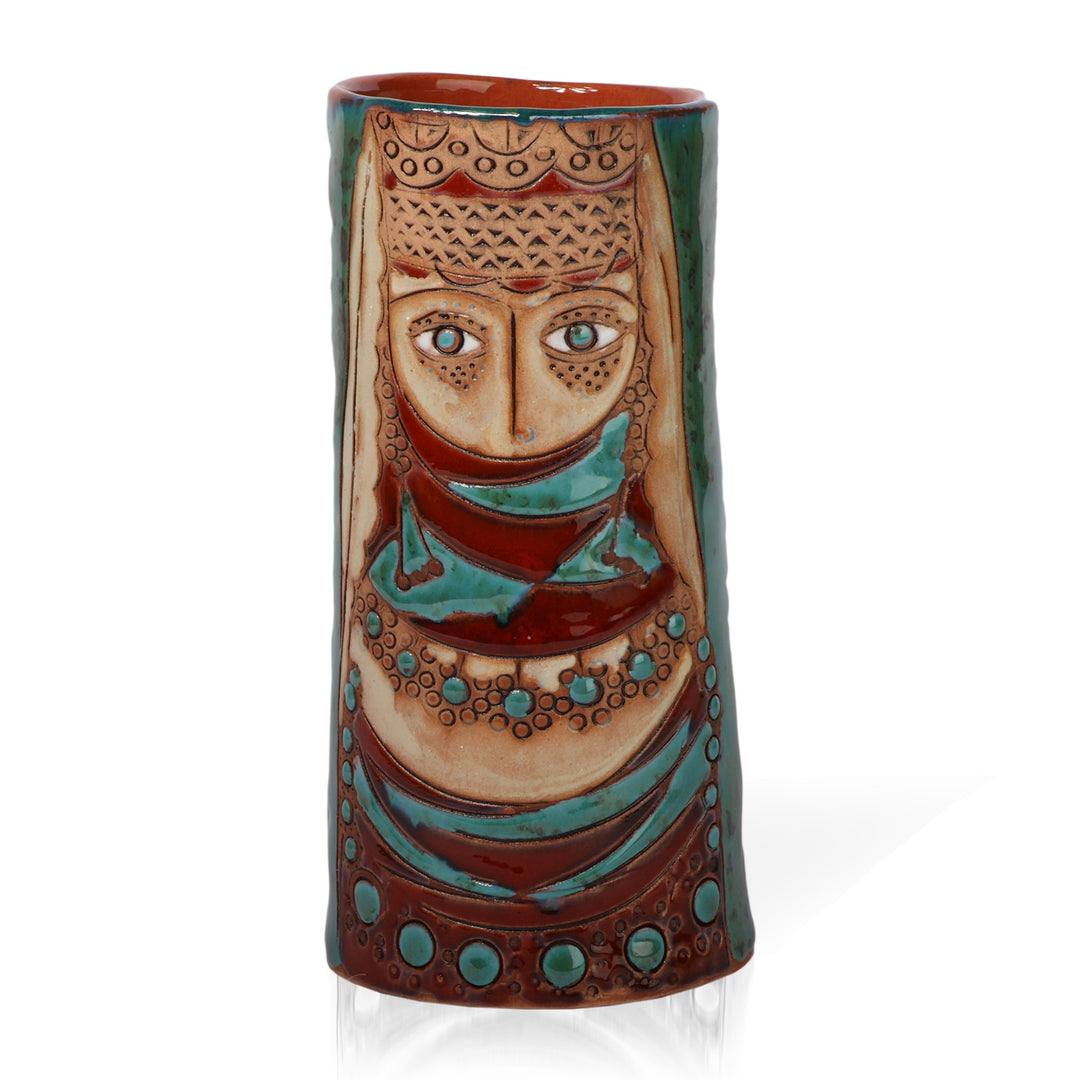 Folk Art-Themed Armenian Ceramic Vase in a Glazed Finish - Girl of Van