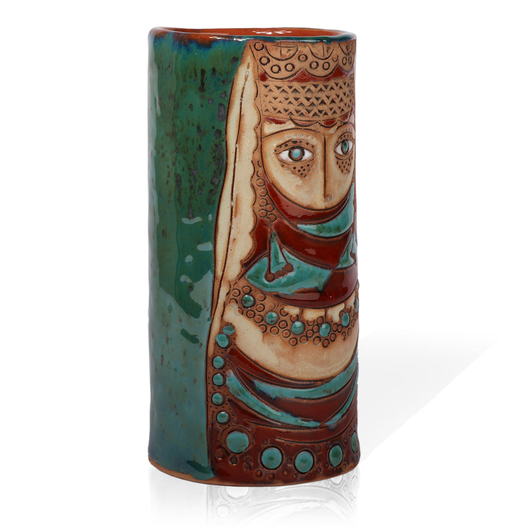 Folk Art-Themed Armenian Ceramic Vase in a Glazed Finish - Girl of Van