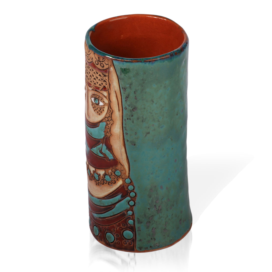 Folk Art-Themed Armenian Ceramic Vase in a Glazed Finish - Girl of Van