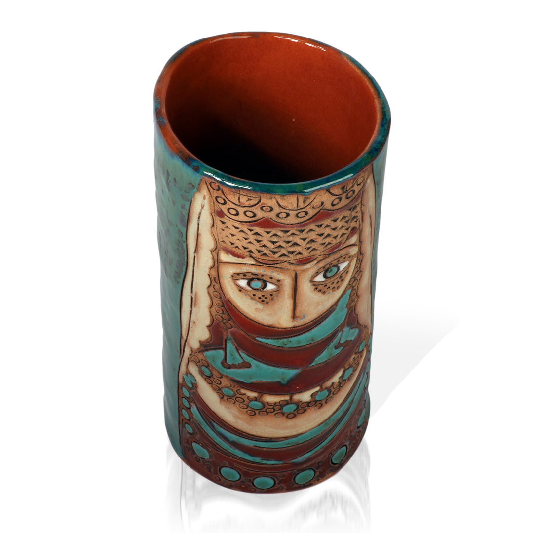 Folk Art-Themed Armenian Ceramic Vase in a Glazed Finish - Girl of Van