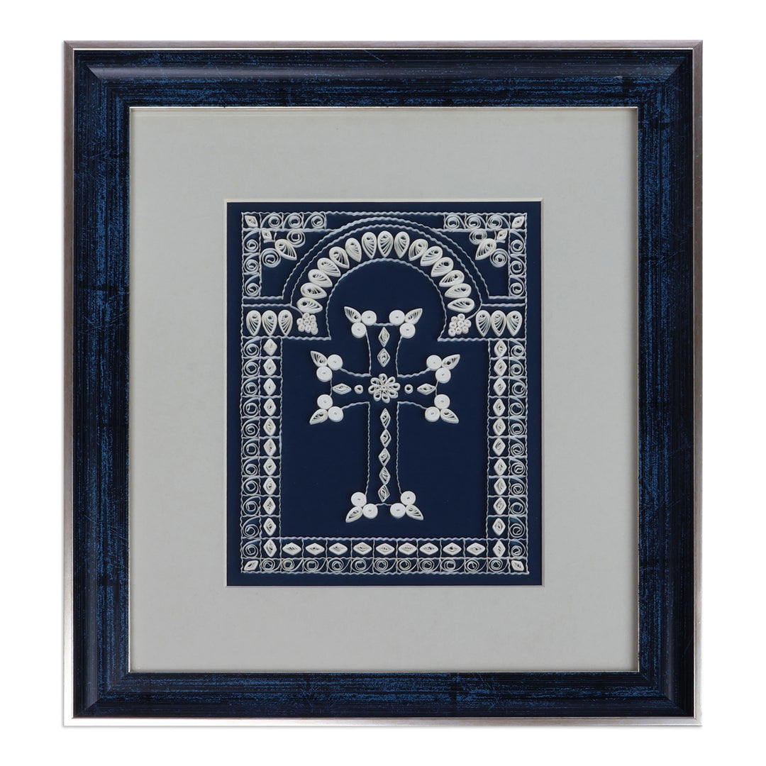 Traditional Cross-Themed Blue and White Paper Wall Accent - Folk Devotion