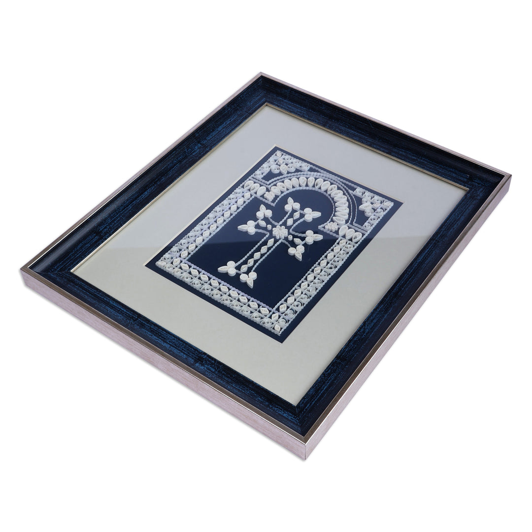 Traditional Cross-Themed Blue and White Paper Wall Accent - Folk Devotion