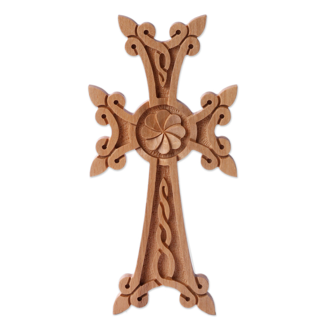 Armenian-Inspired Hand-Carved Light Brown Beech Wood Cross - Morning Divinity